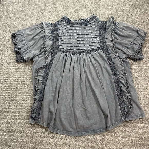 Free People Le Femme Ruffled Pintuck Top Blouse Med Blue Boho Babydoll Peasant - Picture 2 of 12